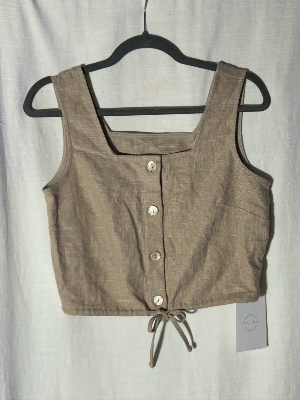 OLIVE NWT 100% Linen Cropped Neutral Button Down Tie Waist Tank Top
